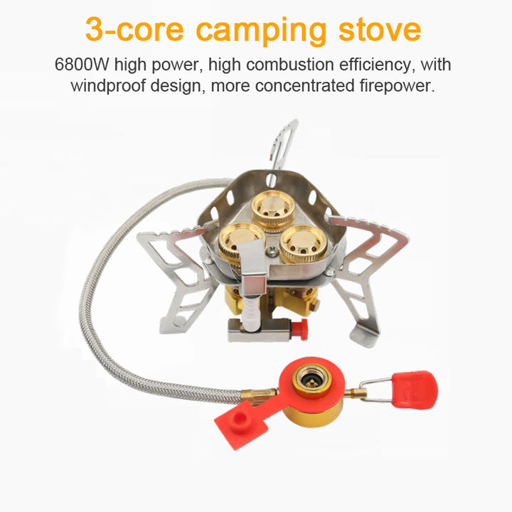 3-Cores Camping Stove 6800W High Power Gases Burner Windproof Backpacking Stove with Adjustable Valve